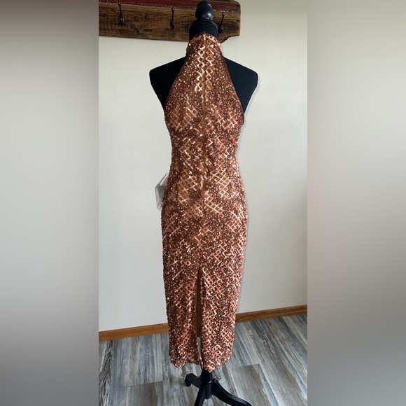 NEW Mac Duggal 5535 EMBELLISHED HALTER MIDI DRESS Copper Sz 4 - Picture 2 of 8